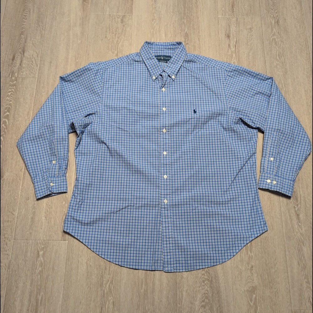 Vintage Ralph Lauren Classic Fit Blue Plaid‎ Button Down Shirt Mens 18 18.5 2XL